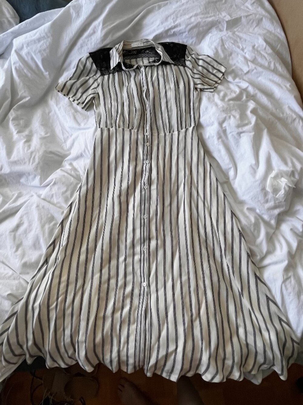 Sandro Paris Vintage Dress – Stripe & Black Lace – Size 36 (XS/4) – Cupro
